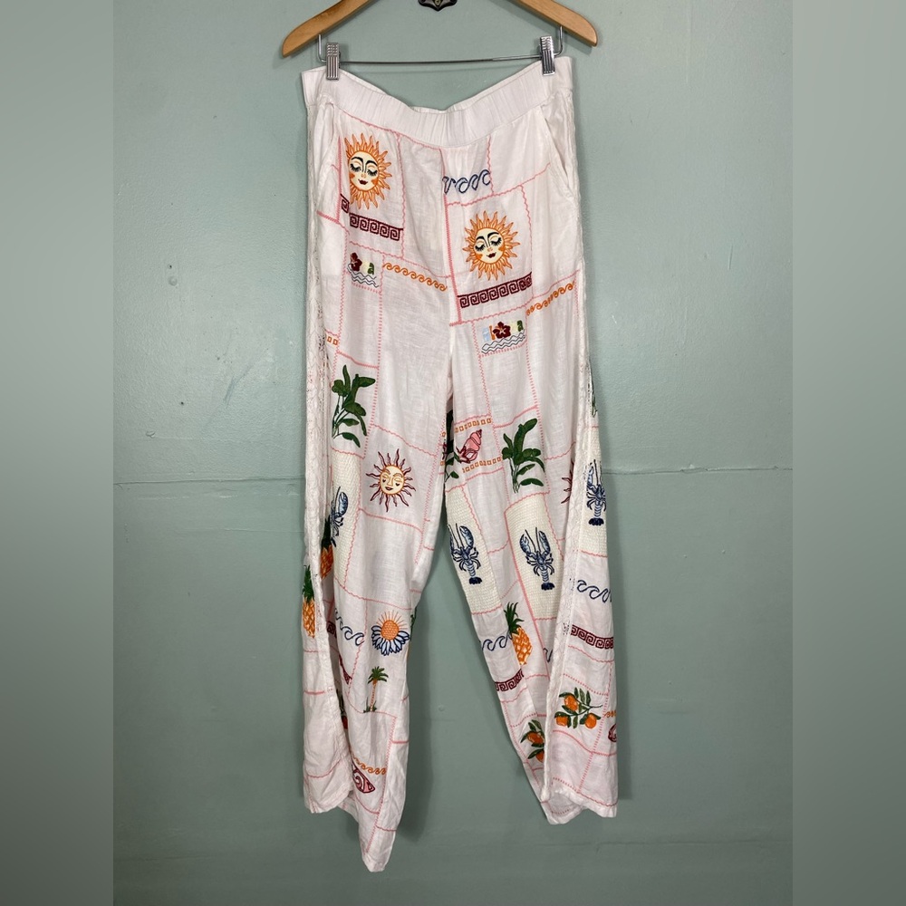 Anthropologie Pilcro Embroidered Patchwork Pants Tropical Vacation Baggy L Tall - Picture 2 of 11